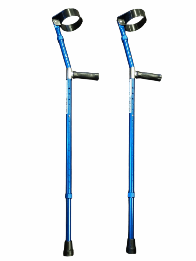 Blauwe elleboogkrukken met rond handvat universeel