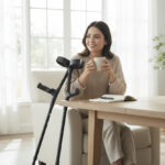 vrouw in huiskamer met elleboogkrukken