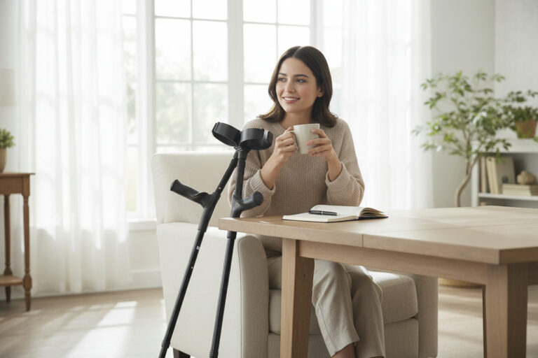 vrouw in huiskamer met elleboogkrukken