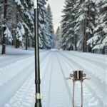 Wandelstok met ijsdop met 1 punt in een bos met sneeuw