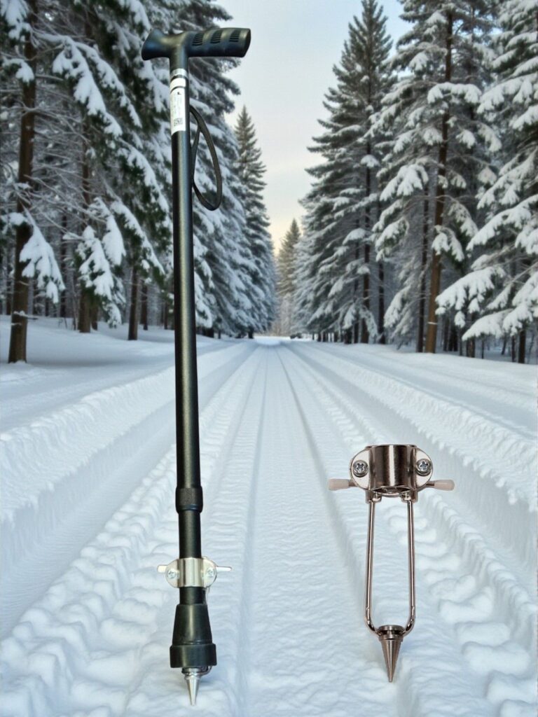 Wandelstok met ijsdop met 1 punt in een bos met sneeuw