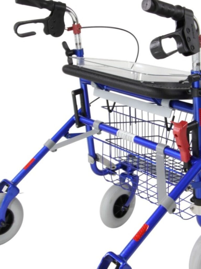 Achterkant van een Blauwe premis provo rollator met een gebruikersgewicht tot 250 kg
