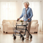 Mw in woonkamer achter een zwarte rollator