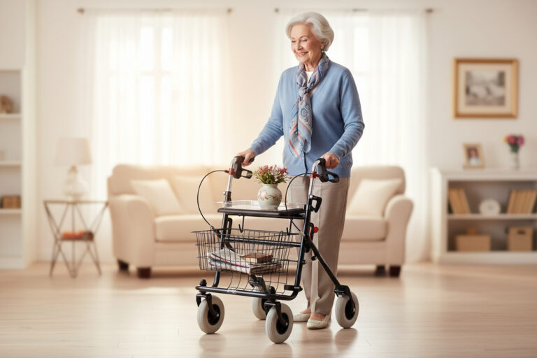 Mw in woonkamer achter een zwarte rollator