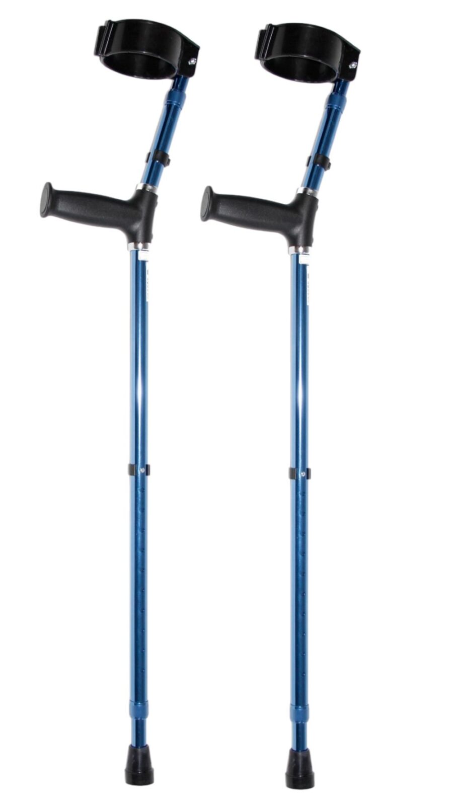 Blauwe elleboogkrukken met standaard handgreep