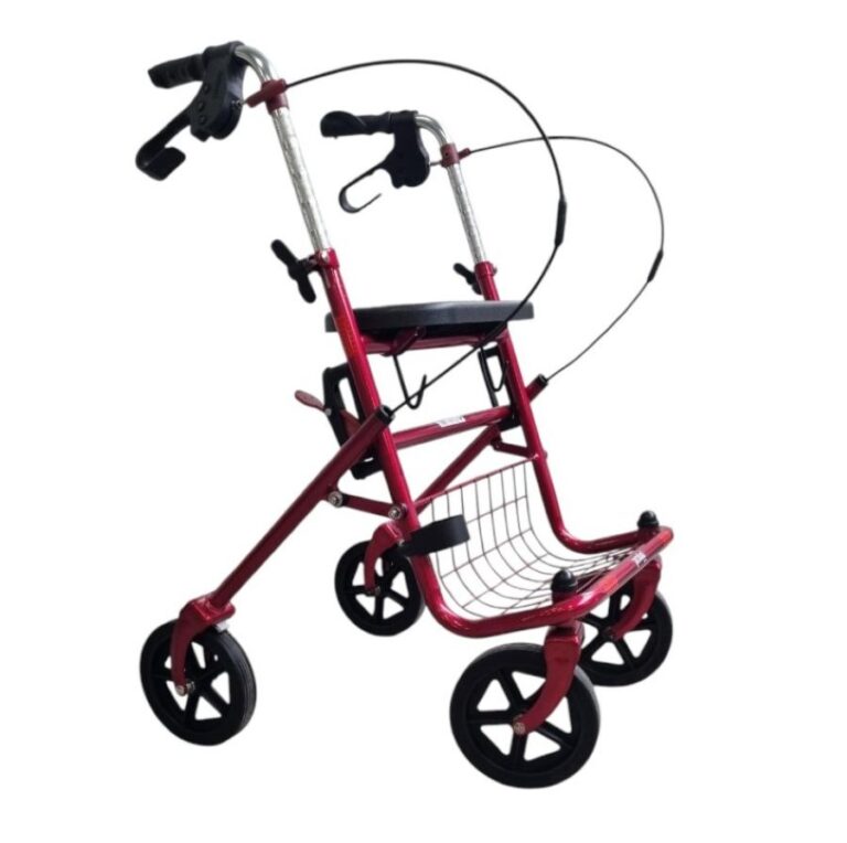 Rode lichtgewicht rollator met zwarte banden en velgen