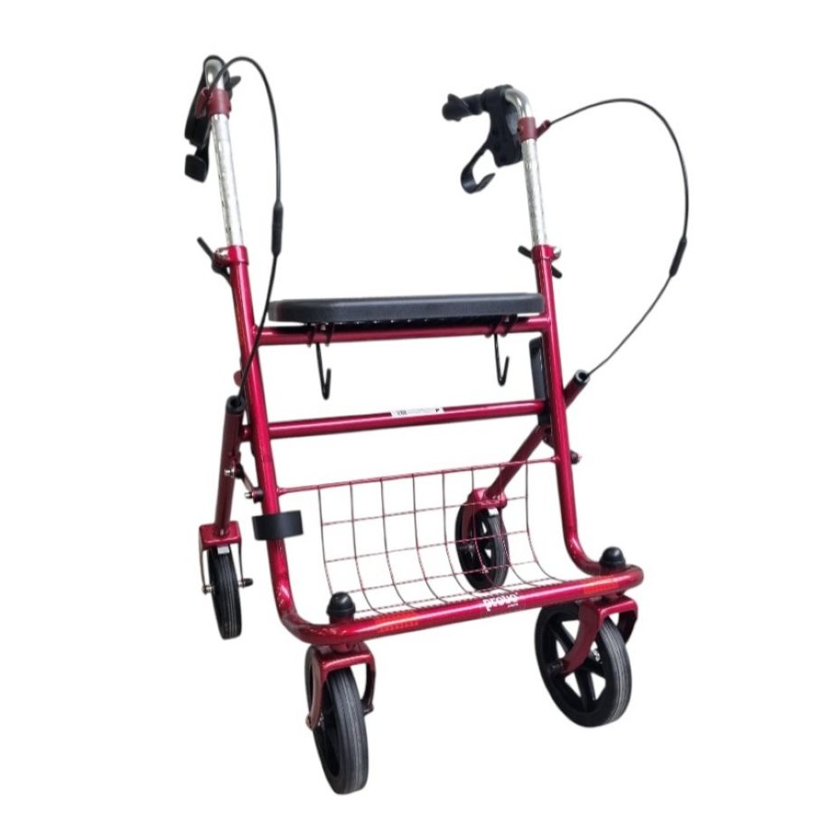Rode lichtgewicht rollator met zwarte banden en velgen