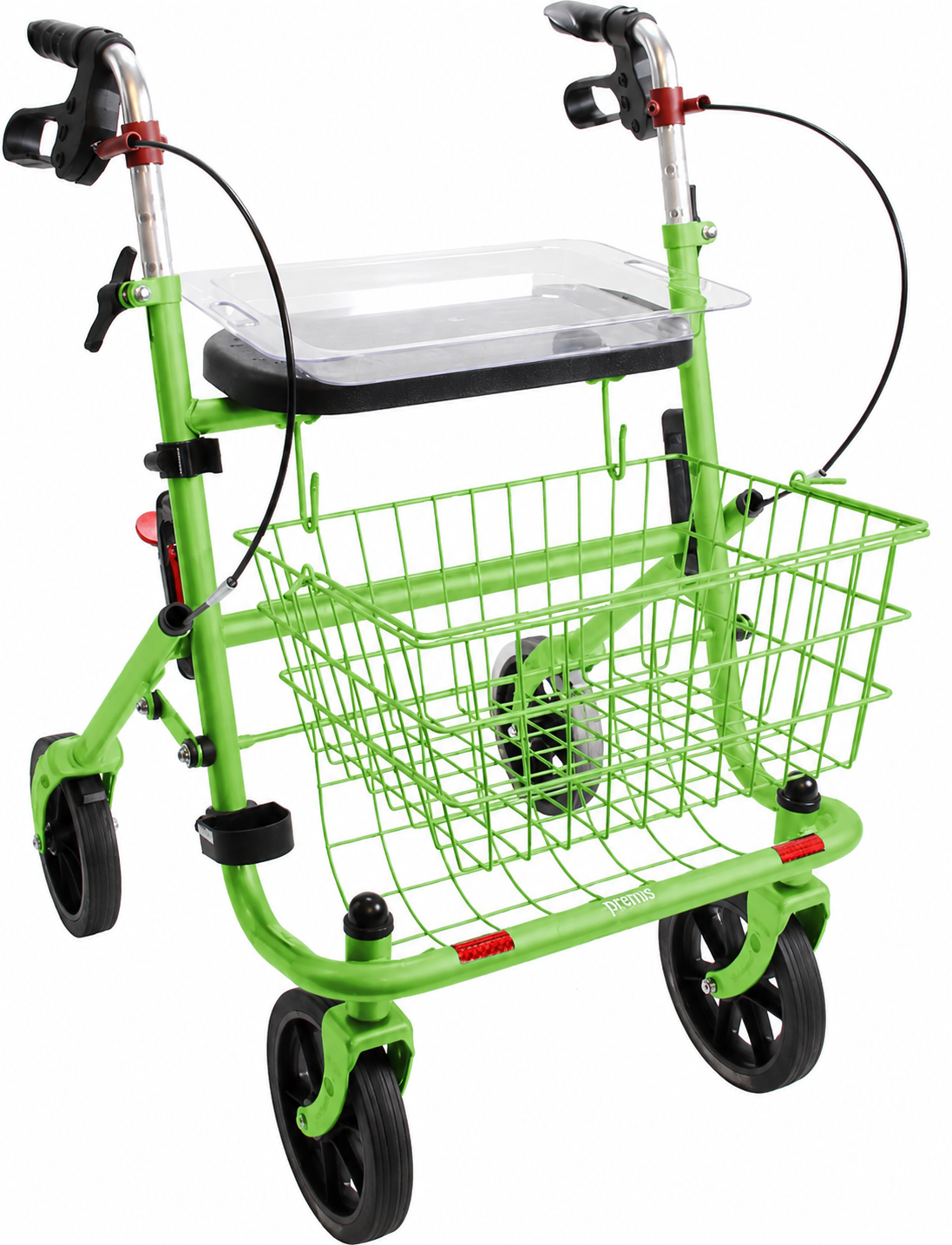 Groene lichtgewicht rollator met zwarte banden en velgen