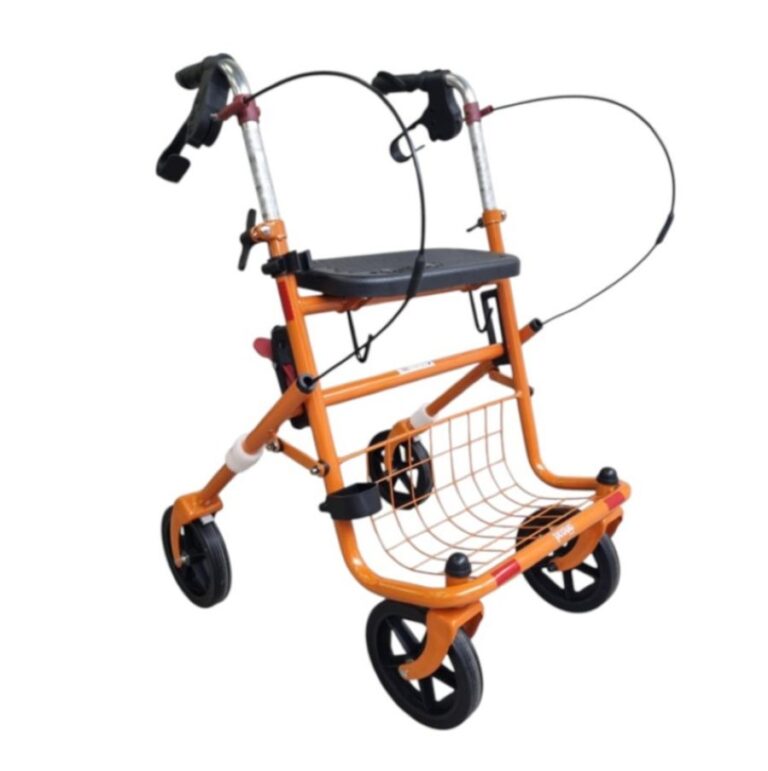 Oranje lichtgewicht rollator met zwarte banden en velgen