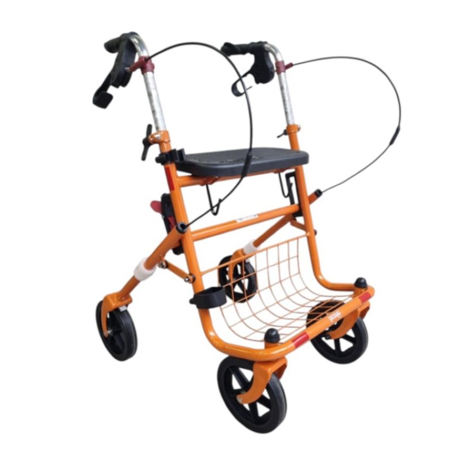 Oranje lichtgewicht rollator met zwarte banden en velgen