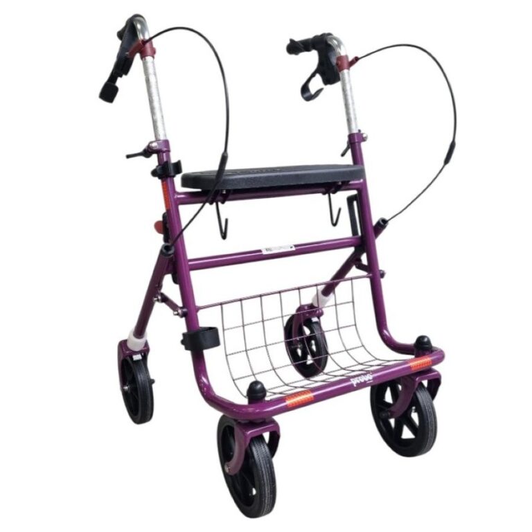 paarse lichtgewicht rollator met zwarte banden en velgen