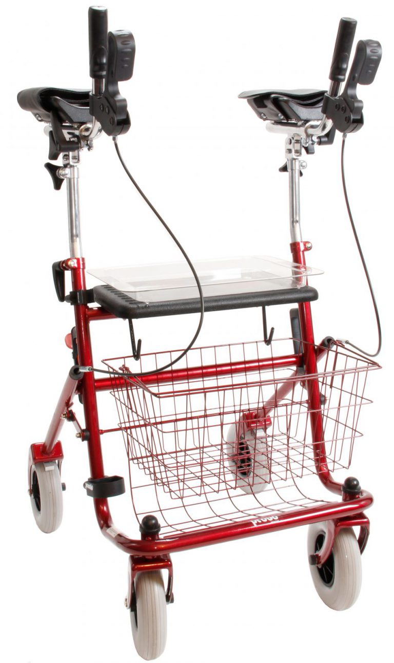 Rode rollator met verkorte onderarmschalen inclusief zitje, mandje en dienblad.