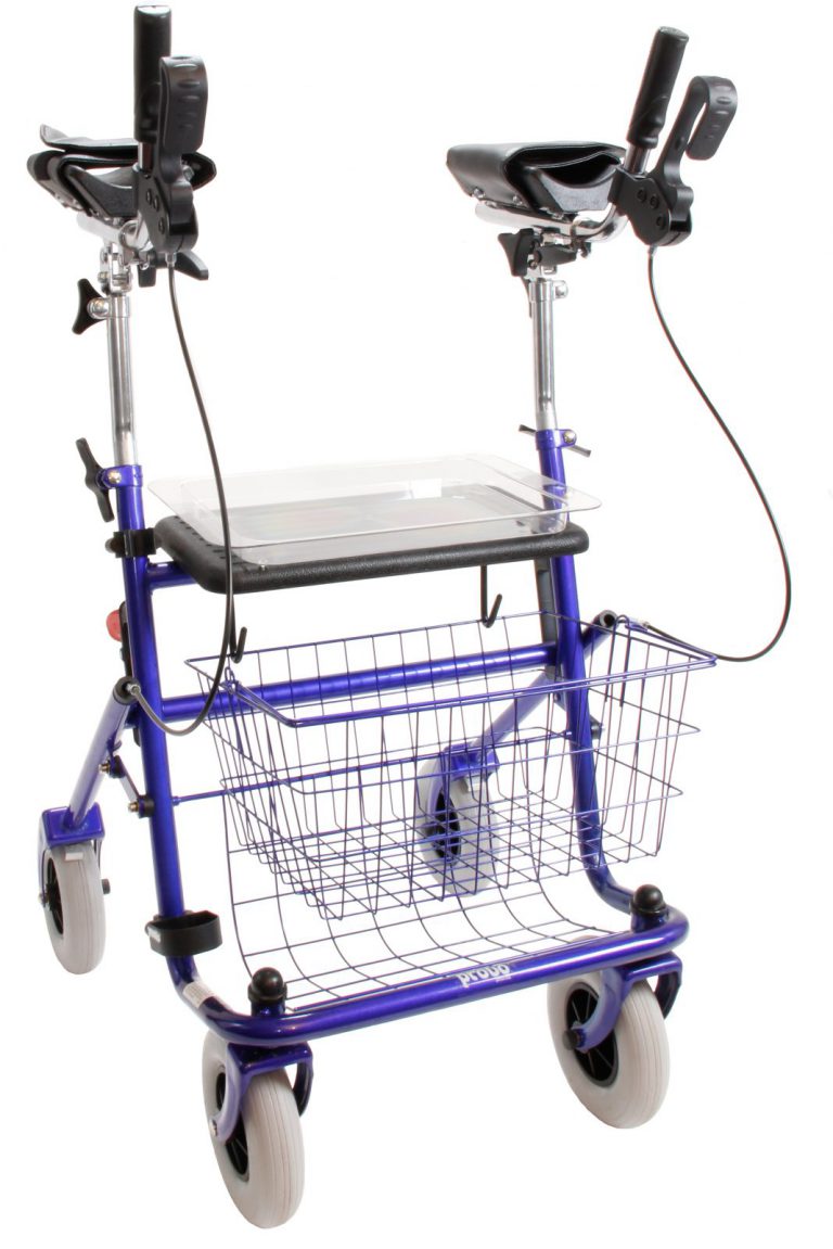 Blauwe rollator met verkorte onderarmschalen inclusief zitje, mandje en dienblad.
