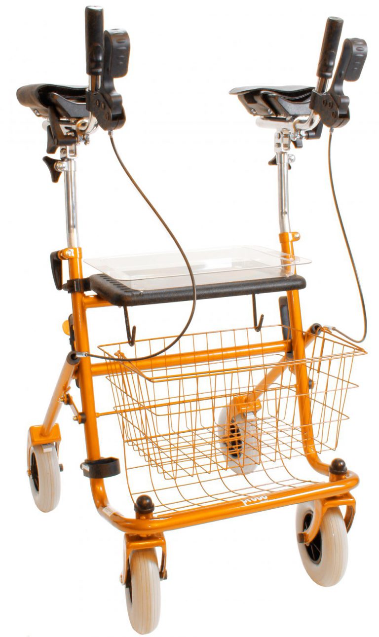 Oranje rollator met verkorte onderarmschalen inclusief zitje, mandje en dienblad.