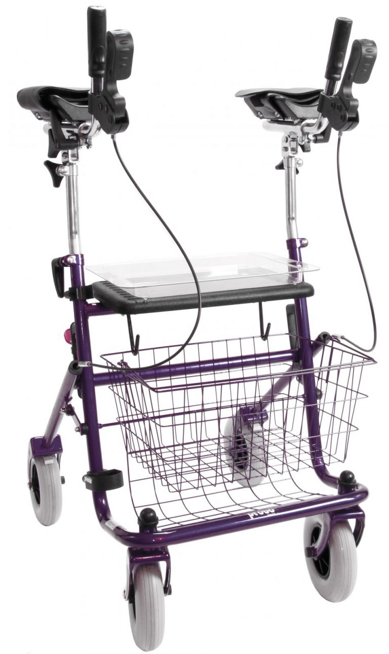 Paarse rollator met verkorte onderarmschalen inclusief mandje, zitje en dienblad.