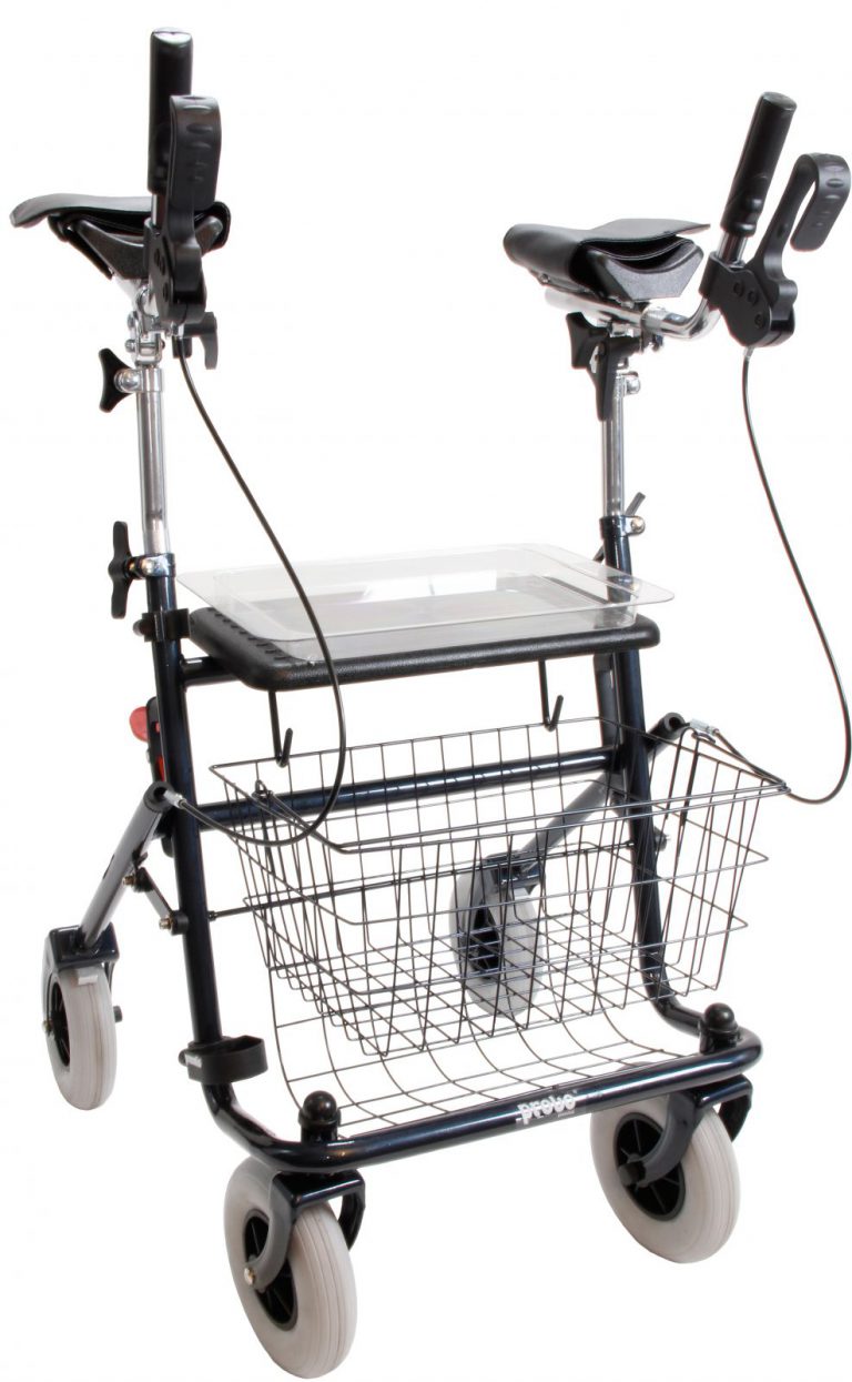 Zwarte rollator met verkorte onderarmschalen inclusief zitje, mandje en dienblad.