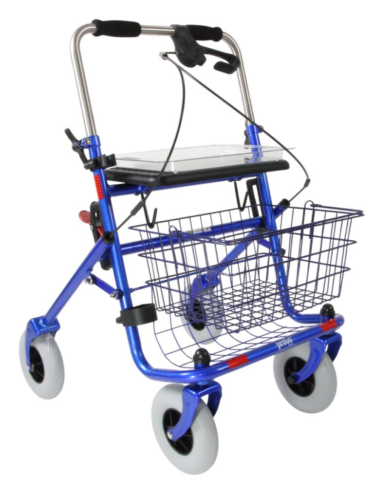 Blauwe rollator die je zowel eenzijdig links als eenzijdig rechts kan bedienen.