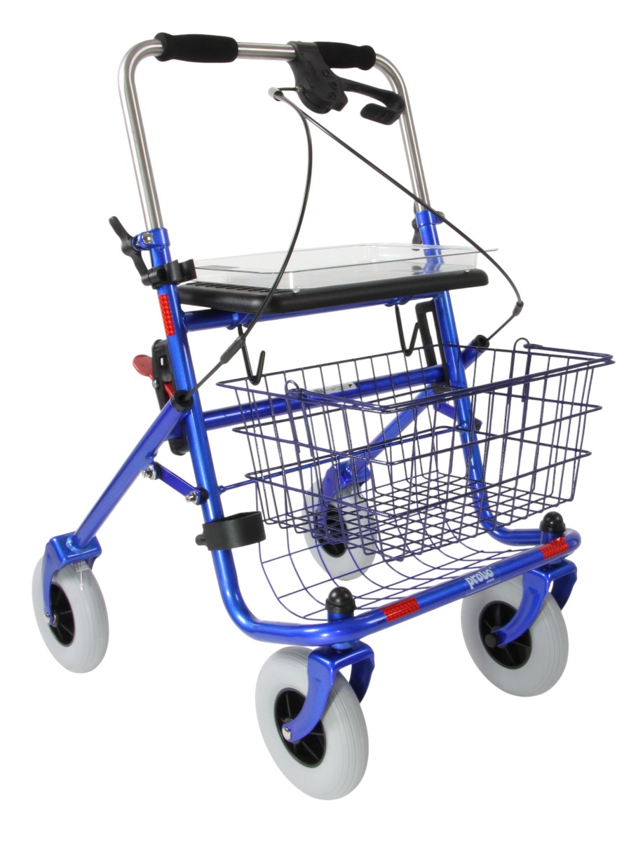 Blauwe rollator die je zowel eenzijdig links als eenzijdig rechts kan bedienen.