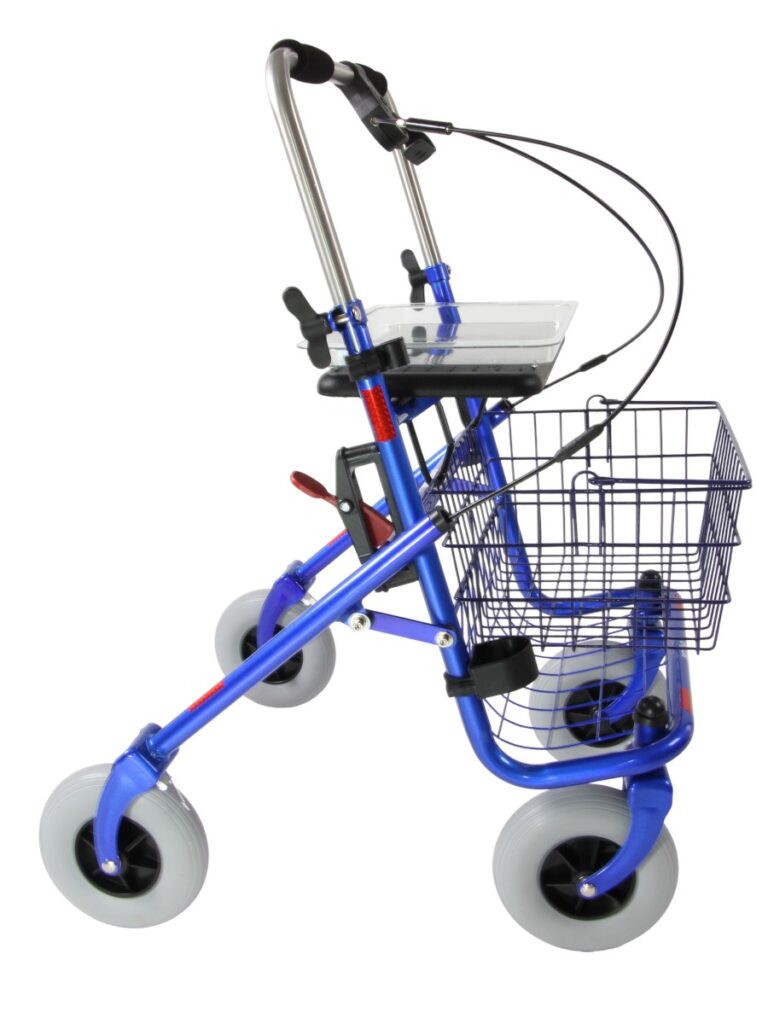 Blauwe rollator die je zowel eenzijdig links als eenzijdig rechts kan bedienen.