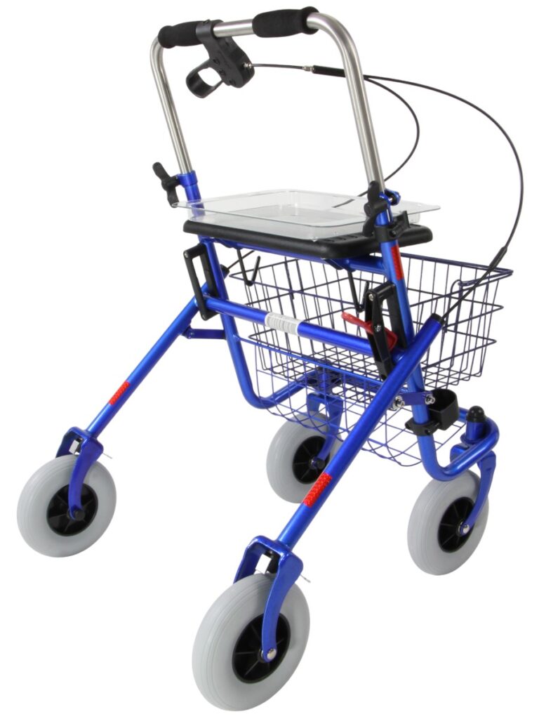 Blauwe rollator die je zowel eenzijdig links als eenzijdig rechts kan bedienen.