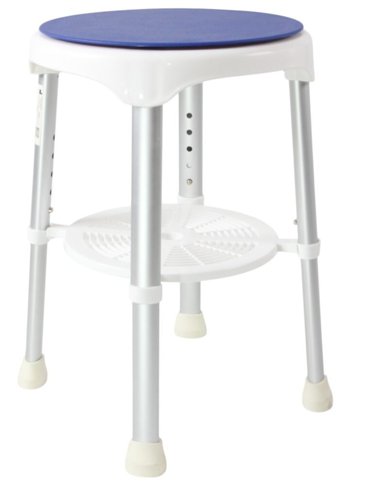 Premis Douchestoel/Kruk Draaibaar 360° - Unieke draaimethode - belastbaar: 100 kg - Wit met blauwe zitting