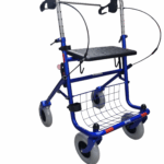 Blauwe rollator met duwbeugel en stang onder
