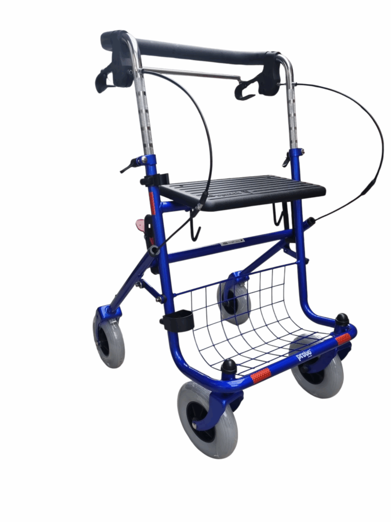 Blauwe rollator met duwbeugel en stang onder