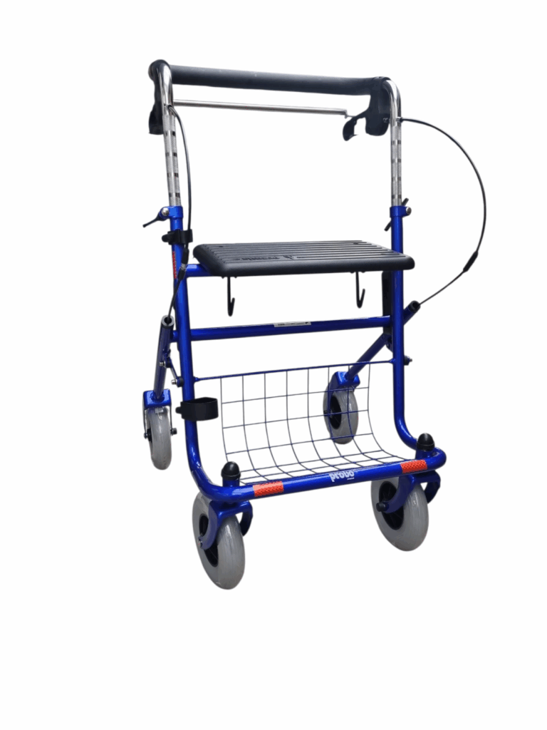 Blauwe rollator met duwbeugel met stang onder