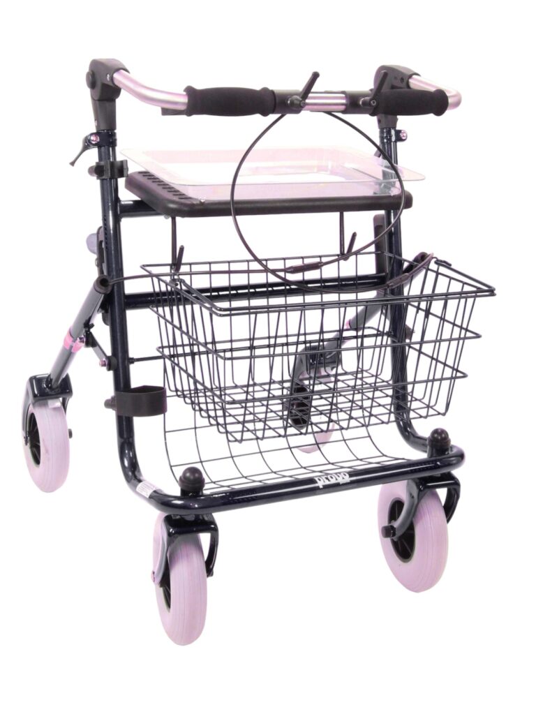 Paarse rollator premis met omgekeerde duwbeugel