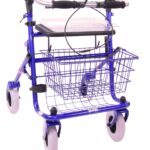 Blauwe rollator met inklapbare duwbeugel