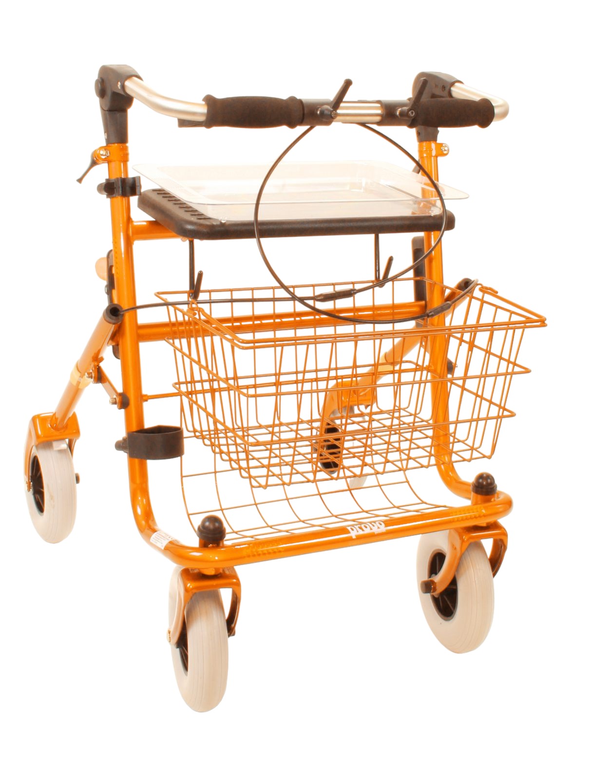 Oranje rollator met inklapbare duwbeugel