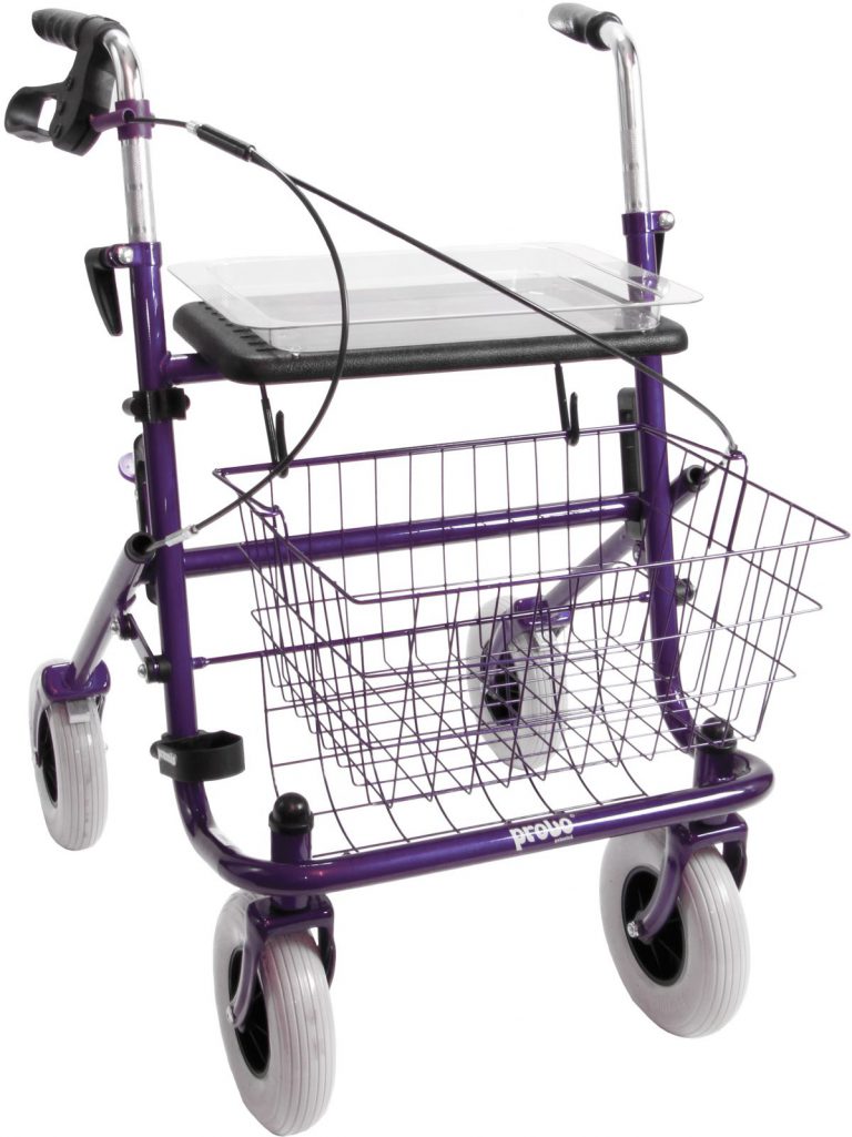 Paarse rollator eenzijdig rechts geremd, inclusief mandje, zitje en dienblad.