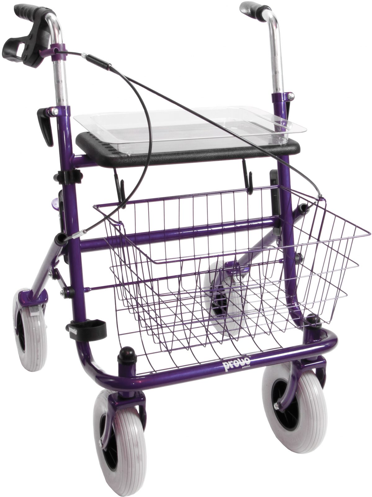 Paarse rollator eenzijdig rechts geremd, inclusief mandje, zitje en dienblad.