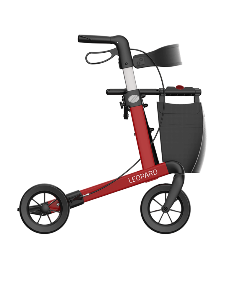 Zijkant Leopard kleur rood met softbanden-tas en rugsteun