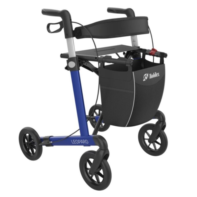 Blauiwe mobilex rollator met tas.
