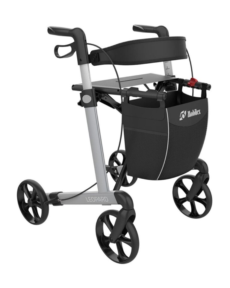 mobilex rollator met standaardbanden, rugsteun en tas kleur zilver