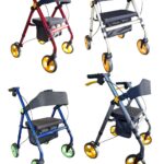 rollator bear met verschillende kleuren en wielen, champagen, blauw, grijs en rood
