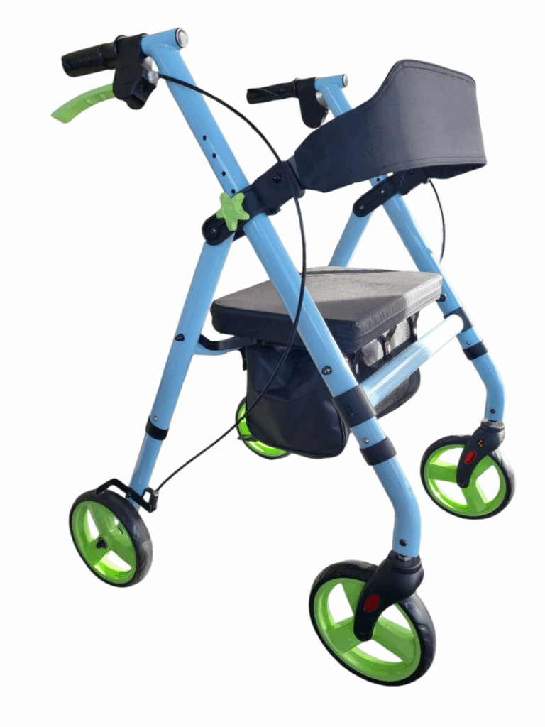 Licht blauwe lichtgewicht rollator met groene banden
