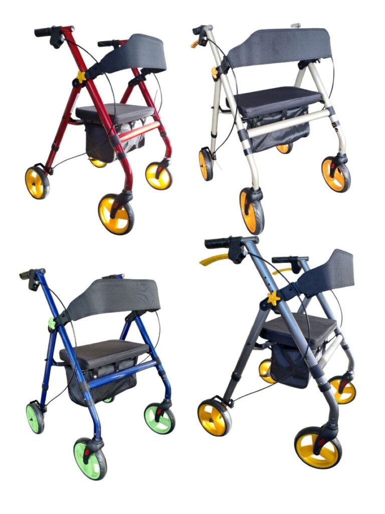 rollator bear met verschillende kleuren en wielen, champagen, blauw, grijs en rood