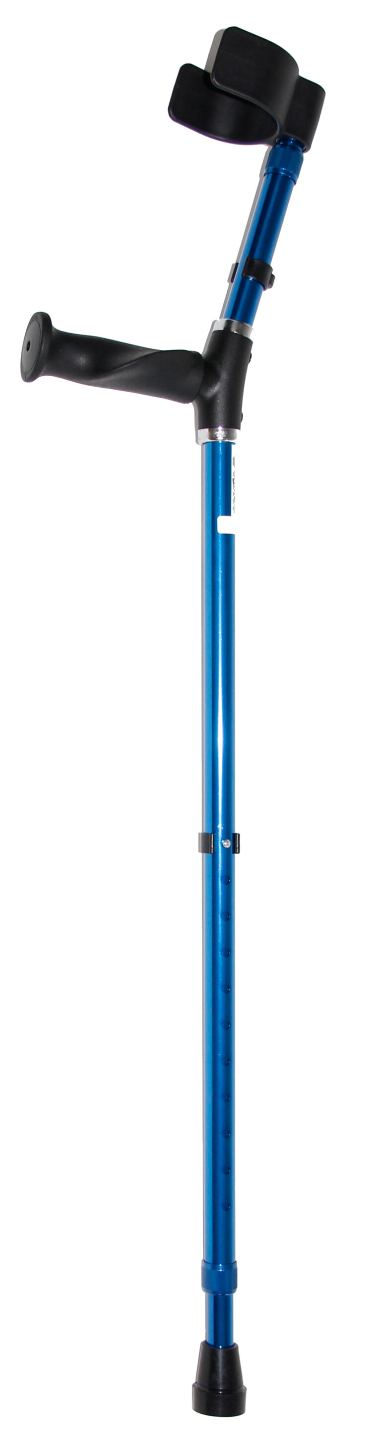 blauwe elleboogkruk met open manchet rechts