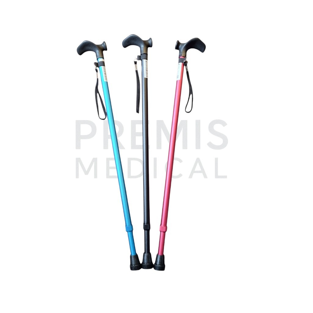 blauwe, rode en zwarte wandelstok met polsbandje