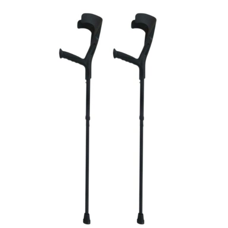 Een paar zwarte Opvouwbare Elleboogkrukken – Aluminium, Verstelbaar en Compact met open manchet