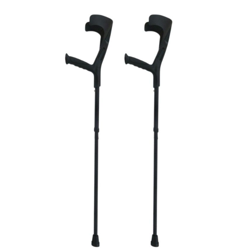 Een paar zwarte Opvouwbare Elleboogkrukken – Aluminium, Verstelbaar en Compact met open manchet