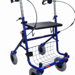 Blauwe rollator met duwbeugel en stang onder