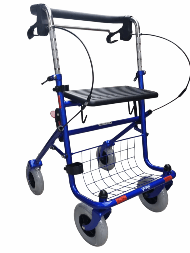 Blauwe rollator met duwbeugel en stang onder