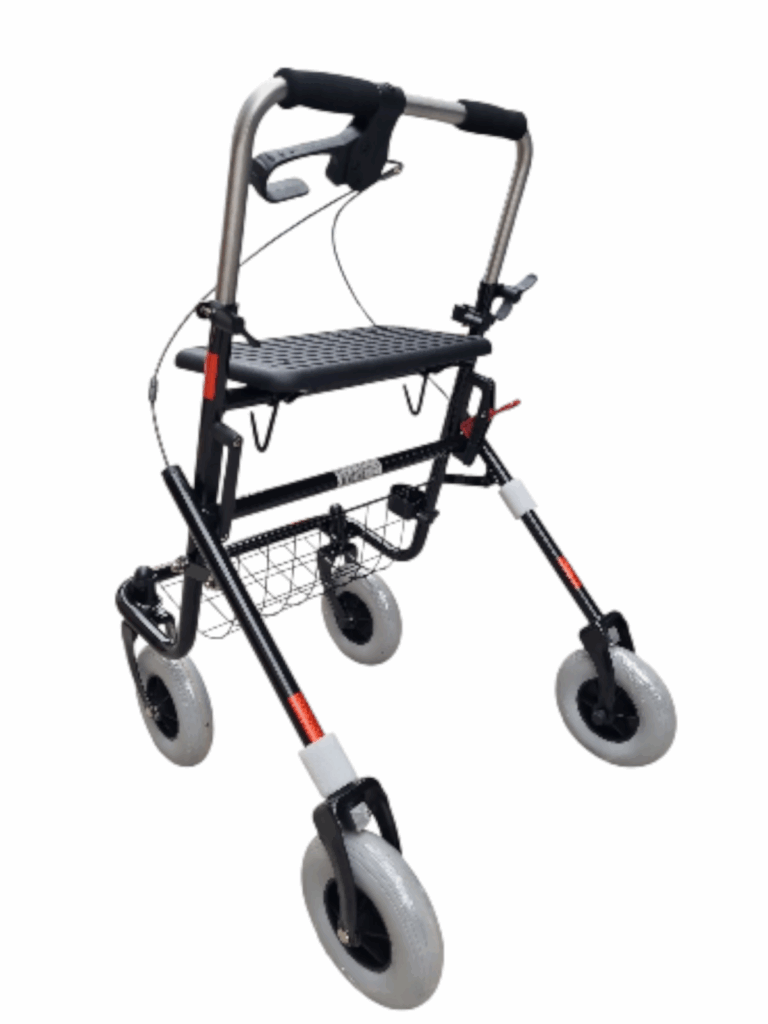 achterkant Zwarte rollator met duwbeugel en een eenzijdige rem lin