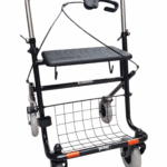 Zwarte rollator met duwbeugel en een eenzijdige rem links