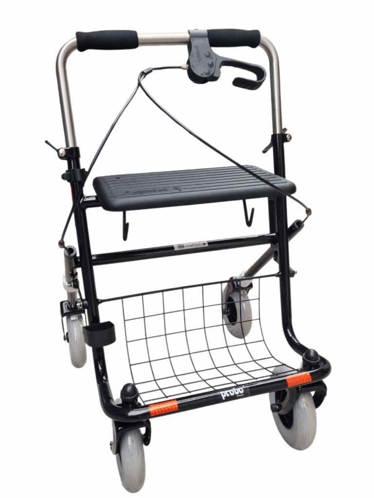 Zwarte rollator met duwbeugel en een eenzijdige rem links