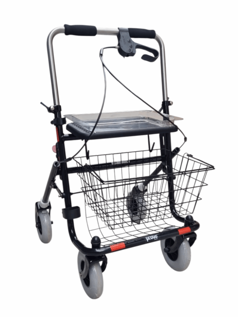 Zwarte rollator met duwbeugel en een eenzijdige rem links met dienblad en mand