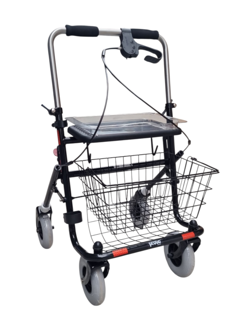 Zwarte rollator met duwbeugel en een eenzijdige rem links met dienblad en mand